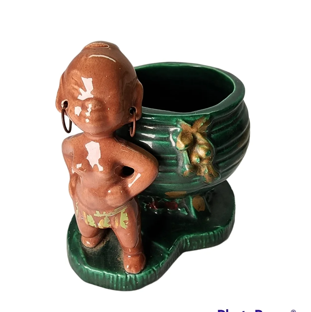 VINTAGE Green Brown Ceramic African Woman Figure Planter Pot